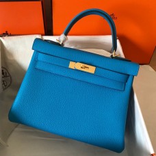 Hermes Kelly Retourne 28 Handmade Bag In Blue Zanzibar Clemence Leather Hermes Kelly Retourne 28 Handmade Bag In Blue Zanzibar Clemence Leather