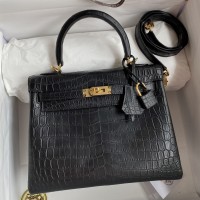 Hermes Kelly Sellier 25 Handmade Bag In Black Crocodile Niloticus Matte Skin Hermes Kelly Sellier 25 Handmade Bag In Black Crocodile Niloticus Matte Skin