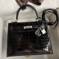 Hermes Kelly Sellier 25 Diamond Bag In Black Crocodile Niloticus Shiny Skin Hermes Kelly Sellier 25 Diamond Bag In Black Crocodile Niloticus Shiny Skin