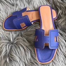 Hermes Oran Slide Sandals In Blue Epsom Perforated Calfskin Hermes Oran Slide Sandals In Blue Epsom Perforated Calfskin
