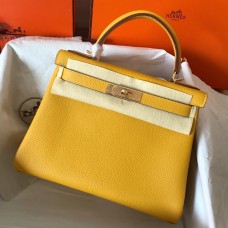 Hermes Kelly Retourne 28 Handmade Bag In Jaune Ambre Clemence Leather Hermes Kelly Retourne 28 Handmade Bag In Jaune Ambre Clemence Leather
