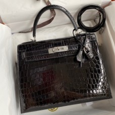 Hermes Kelly Sellier 28 Handmade Bag In Black Crocodile Niloticus Shiny Skin Hermes Kelly Sellier 28 Handmade Bag In Black Crocodile Niloticus Shiny Skin