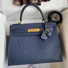 Hermes Kelly Sellier 28 Handmade Bag In Blue Iris Ostrich Leather Hermes Kelly Sellier 28 Handmade Bag In Blue Iris Ostrich Leather