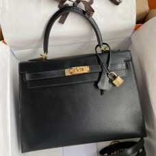 Hermes Kelly Sellier 32 Handmade Bag In Black Box Calfskin Hermes Kelly Sellier 32 Handmade Bag In Black Box Calfskin