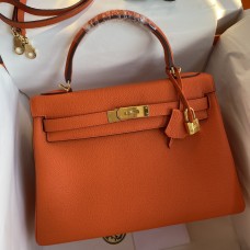 Hermes Kelly Retourne 32 Handmade Bag In Orange Clemence Leather Hermes Kelly Retourne 32 Handmade Bag In Orange Clemence Leather