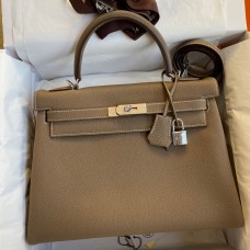 Hermes Kelly Retourne 32 Handmade Bag In Taupe Clemence Leather Hermes Kelly Retourne 32 Handmade Bag In Taupe Clemence Leather