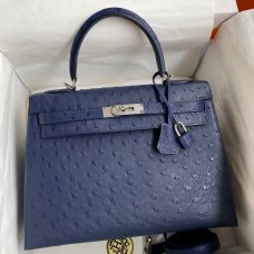 Hermes Kelly Sellier 32 Handmade Bag In Blue Iris Ostrich Leather Hermes Kelly Sellier 32 Handmade Bag In Blue Iris Ostrich Leather