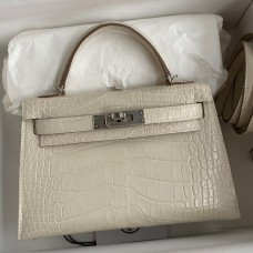 Hermes Kelly Mini II Sellier Handmade Bag In Beton Matte Alligator Leather Hermes Kelly Mini II Sellier Handmade Bag In Beton Matte Alligator Leather