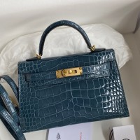 Hermes Kelly Mini II Sellier Handmade Bag In Blue Jean Shiny Alligator Leather Hermes Kelly Mini II Sellier Handmade Bag In Blue Jean Shiny Alligator Leather