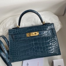 Hermes Kelly Mini II Sellier Handmade Bag In Blue Jean Shiny Alligator Leather Hermes Kelly Mini II Sellier Handmade Bag In Blue Jean Shiny Alligator Leather