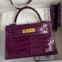 Hermes Kelly Mini II Sellier Handmade Bag In Purple Shiny Alligator Leather Hermes Kelly Mini II Sellier Handmade Bag In Purple Shiny Alligator Leather