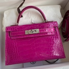 Hermes Kelly Mini II Sellier Handmade Bag In Rose Scheherazade Shiny Alligator Leather Hermes Kelly Mini II Sellier Handmade Bag In Rose Scheherazade Shiny Alligator Leather