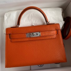 Hermes Kelly Mini II Sellier Handmade Bag In Orange Chevre Mysore Leather Hermes Kelly Mini II Sellier Handmade Bag In Orange Chevre Mysore Leather