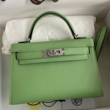 Hermes Kelly Mini II Sellier Handmade Bag In Vert Criquet Chevre Mysore Leather Hermes Kelly Mini II Sellier Handmade Bag In Vert Criquet Chevre Mysore Leather