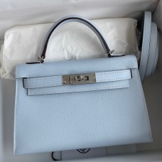 Hermes Kelly Mini II Sellier Handmade Bag In Blue Brume Epsom Calfskin Hermes Kelly Mini II Sellier Handmade Bag In Blue Brume Epsom Calfskin