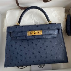 Hermes Kelly Mini II Sellier Handmade Bag In Blue Iris Ostrich Leather Hermes Kelly Mini II Sellier Handmade Bag In Blue Iris Ostrich Leather