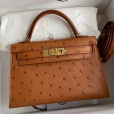 Hermes Kelly Mini II Sellier Handmade Bag In Gold Ostrich Leather Hermes Kelly Mini II Sellier Handmade Bag In Gold Ostrich Leather
