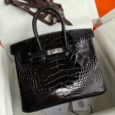 Hermes Birkin 25 Retourne Handmade Bag In Black Shiny Alligator Leather Hermes Birkin 25 Retourne Handmade Bag In Black Shiny Alligator Leather