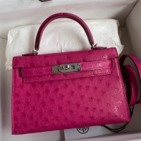 Hermes Kelly Mini II Sellier Handmade Bag In Rose Red Ostrich Leather Hermes Kelly Mini II Sellier Handmade Bag In Rose Red Ostrich Leather