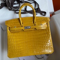 Hermes Birkin 25 Handmade Bag In Yellow Crocodile Niloticus Shiny Skin Hermes Birkin 25 Handmade Bag In Yellow Crocodile Niloticus Shiny Skin