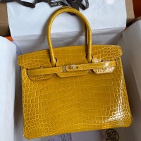 Hermes Birkin 30 Handmade Bag In Jaune Ambre Crocodile Niloticus Shiny Skin Hermes Birkin 30 Handmade Bag In Jaune Ambre Crocodile Niloticus Shiny Skin