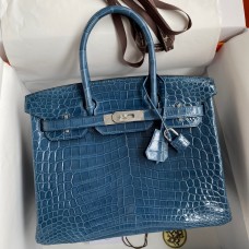 Hermes Birkin 30 Handmade Bag In Blue Tempete Crocodile Niloticus Shiny Skin Hermes Birkin 30 Handmade Bag In Blue Tempete Crocodile Niloticus Shiny Skin