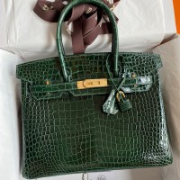 Hermes Birkin 30 Handmade Bag In Green Crocodile Porosus Shiny Skin Hermes Birkin 30 Handmade Bag In Green Crocodile Porosus Shiny Skin