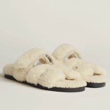 Hermes Women's Chypre Sandals In Off White Shearling Hermes Women's Chypre Sandals In Off White Shearling