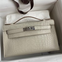 Hermes Kelly Pochette Handmade Bag In Beton Matte Alligator Leather Hermes Kelly Pochette Handmade Bag In Beton Matte Alligator Leather