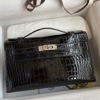 Hermes Kelly Pochette Handmade Bag In Black Shiny Alligator Leather Hermes Kelly Pochette Handmade Bag In Black Shiny Alligator Leather