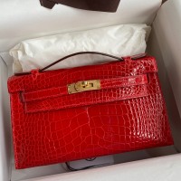 Hermes Kelly Pochette Handmade Bag In Red Shiny Alligator Leather Hermes Kelly Pochette Handmade Bag In Red Shiny Alligator Leather