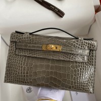 Hermes Kelly Pochette Handmade Bag In Taupe Shiny Alligator Leather Hermes Kelly Pochette Handmade Bag In Taupe Shiny Alligator Leather