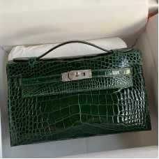 Hermes Kelly Pochette Handmade Bag In Vert Fonce Shiny Alligator Leather