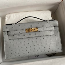 Hermes Kelly Pochette Handmade Bag In Blue Glacier Ostrich Leather Hermes Kelly Pochette Handmade Bag In Blue Glacier Ostrich Leather