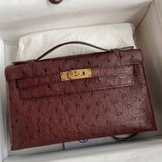 Hermes Kelly Pochette Handmade Bag In Bordeaux Ostrich Leather Hermes Kelly Pochette Handmade Bag In Bordeaux Ostrich Leather