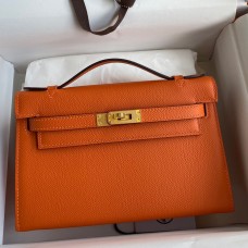 Hermes Kelly Pochette Handmade Bag In Orange Epsom Calfskin Hermes Kelly Pochette Handmade Bag In Orange Epsom Calfskin