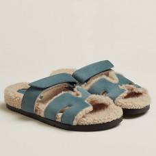 Hermes Women's Chypre Sandals in Blue Suede with Shearling Hermes Women's Chypre Sandals in Blue Suede with Shearling