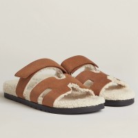 Hermes Women's Chypre Sandals in Tan Suede with Shearling Hermes Women's Chypre Sandals in Tan Suede with Shearling