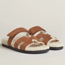 Hermes Women's Chypre Sandals in Tan Suede with Shearling Hermes Women's Chypre Sandals in Tan Suede with Shearling