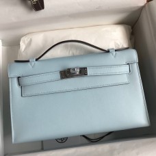 Hermes Kelly Pochette Handmade Bag In Blue Brume Swift Calfskin Hermes Kelly Pochette Handmade Bag In Blue Brume Swift Calfskin
