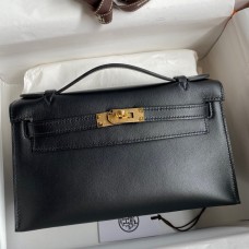 Hermes Kelly Pochette Handmade Bag In Black Swift Calfskin Hermes Kelly Pochette Handmade Bag In Black Swift Calfskin