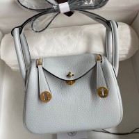 Hermes Mini Lindy Handmade Bag In Blue Brume Clemence Leather Hermes Mini Lindy Handmade Bag In Blue Brume Clemence Leather