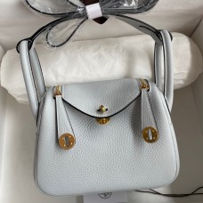 Hermes Mini Lindy Handmade Bag In Blue Brume Clemence Leather Hermes Mini Lindy Handmade Bag In Blue Brume Clemence Leather