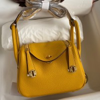 Hermes Mini Lindy Handmade Bag In Jaune Ambre Clemence Leather Hermes Mini Lindy Handmade Bag In Jaune Ambre Clemence Leather