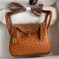 Hermes Mini Lindy Handmade Bag In Gold Ostrich Leather Hermes Mini Lindy Handmade Bag In Gold Ostrich Leather