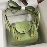 Hermes Mini Lindy Handmade Bag In Vert Cypres Ostrich Leather Hermes Mini Lindy Handmade Bag In Vert Cypres Ostrich Leather