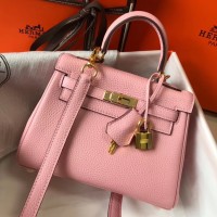 Hermes Kelly 20cm Bag In Pink Clemence Leather GHW Hermes Kelly 20cm Bag In Pink Clemence Leather GHW