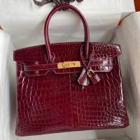 Hermes Birkin 30 Handmade Bag In Bordeaux Crocodile Niloticus Shiny Skin Hermes Birkin 30 Handmade Bag In Bordeaux Crocodile Niloticus Shiny Skin