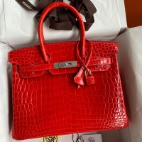 Hermes Birkin 30 Handmade Bag In Red Crocodile Niloticus Shiny Skin Hermes Birkin 30 Handmade Bag In Red Crocodile Niloticus Shiny Skin