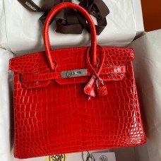Hermes Birkin 30 Handmade Bag In Red Crocodile Niloticus Shiny Skin Hermes Birkin 30 Handmade Bag In Red Crocodile Niloticus Shiny Skin